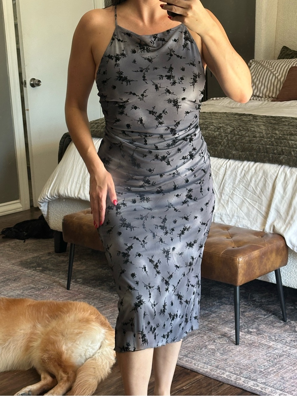wild fable Gray Satin Cowl Neck Midi Dress with Black Floral Print